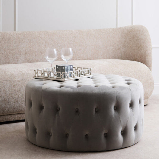 Haley Grey Velvet Round Tufted Footstool