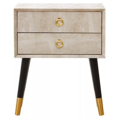 Natural Faux Shagreen Effect 2-Drawer Bedside Table with Gold Accents and Black Angular Legs, Cadio