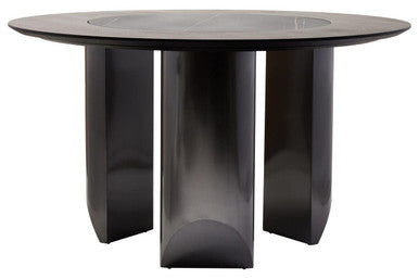 Black Round Veneer Dining Table with Integrated Ceramic Lazy Susan and Brushed Steel Legs | Imperia