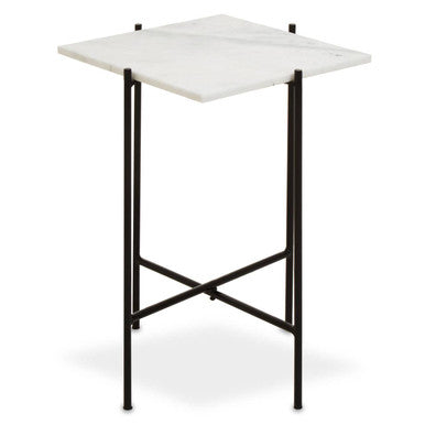 White Marble Square Top Side Table with Sleek Black Iron Base | Mandoli
