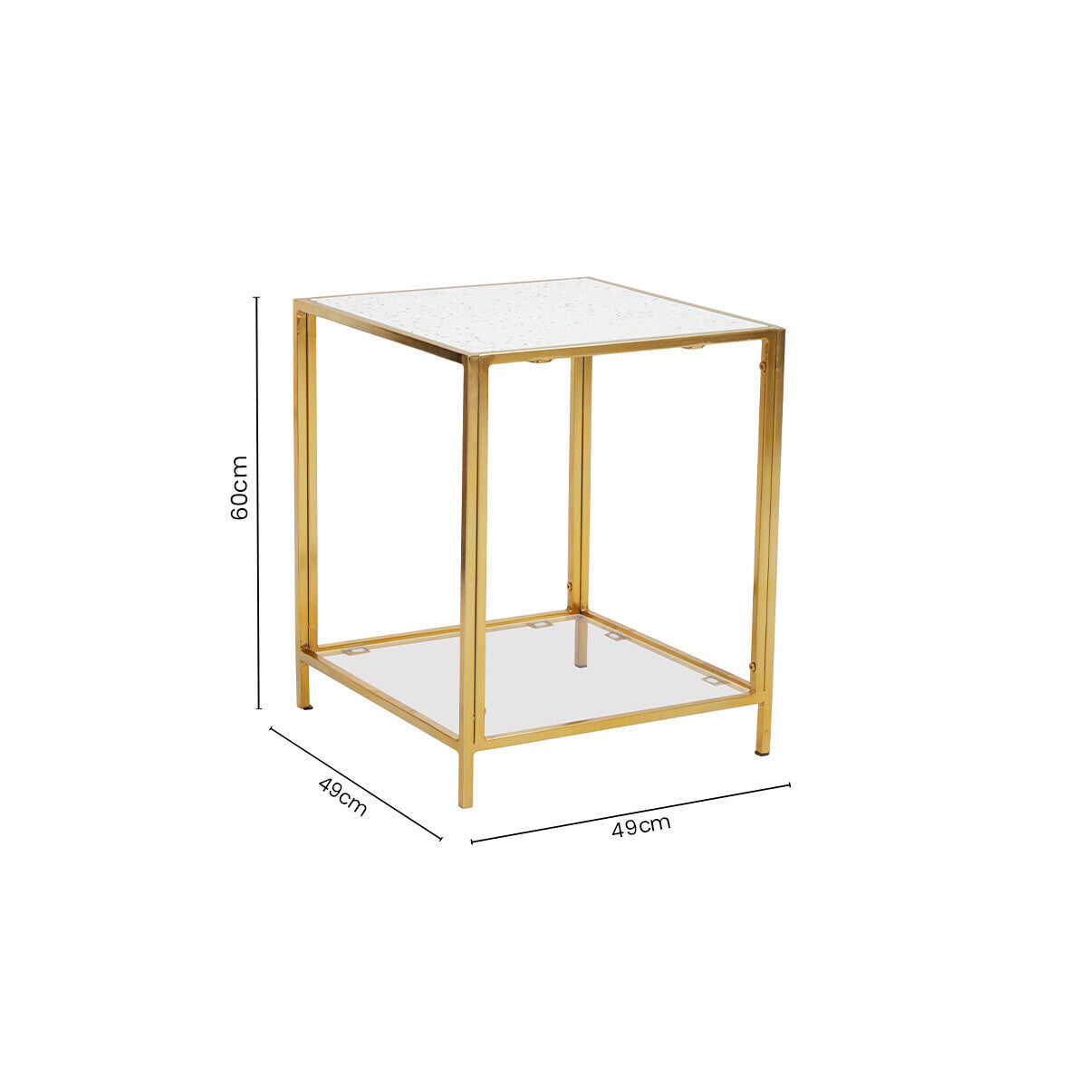 Glass Top Side Table with White Terrazzo Effect Shelf and Gold Metal Frame | Novi
