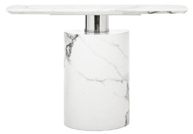 White Marble Console Table with Grey Veining and Stainless Steel Column Base | Sesto