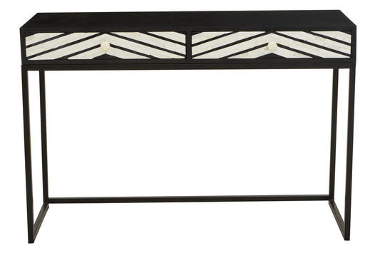 Black Wood 2-Drawer Console Table with Black and White Bone Inlay Chevron Fronts | Fusion