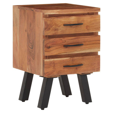 Natural Acacia Wood 3-Drawer Side Table with Black Metallic Legs and Handles | Nashik