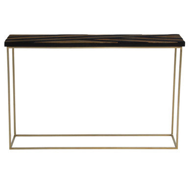 Black and Gold Striped Acacia Wood Console Table with Interconnected Metal Legs | Aris