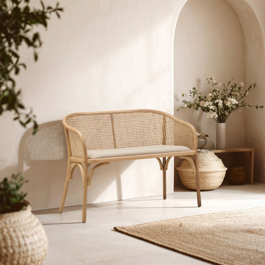 Cebu Natural Cane and Beech Wood Bench with Backrest