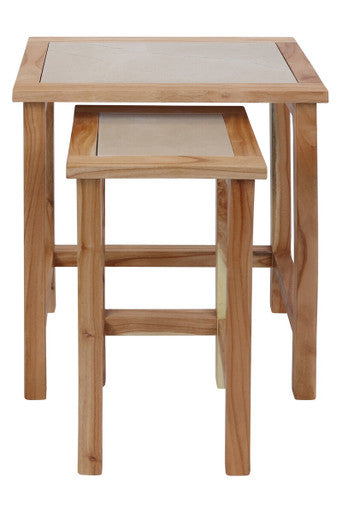 Set of 2 Small Cream Marble Top Nesting Side Tables with Natural Wood Frames | Womad