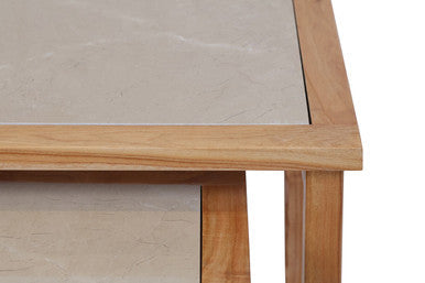 Set of 2 Large Cream Marble Top Nesting Side Tables with Natural Wood Frames | Womad