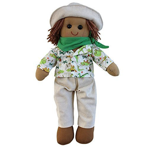 powell craft Dinosaur explorer rag doll with beige hat, green neck scarf and brown shoes. size 40cm.