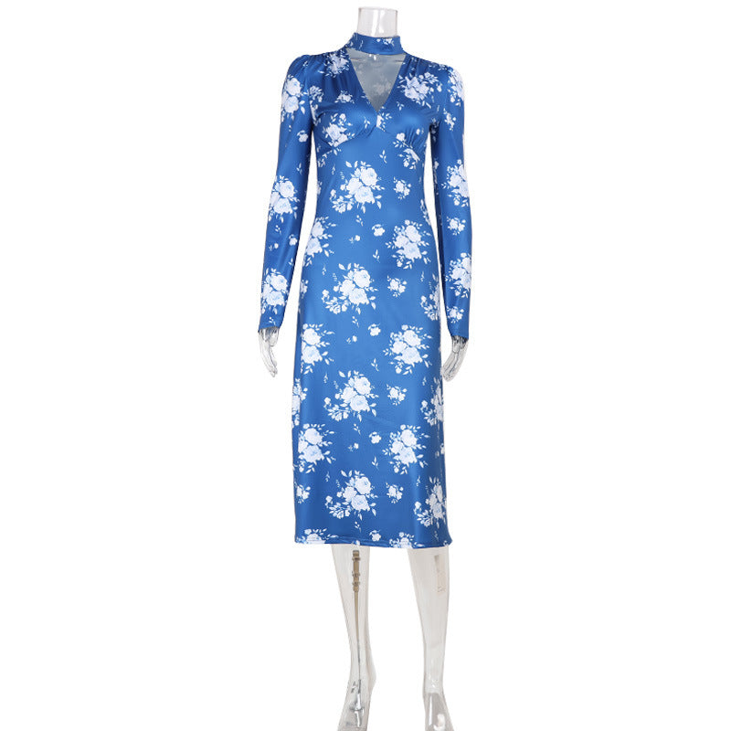 Fashionable And Elegant V-Neck Long-Sleeve Waist-Cinching Slimming Dress For Women