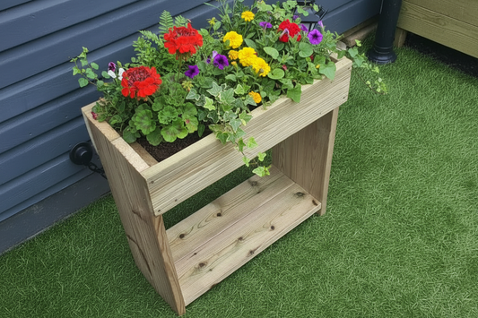 60cm high wooden garden troughs on legs with bottom shelf