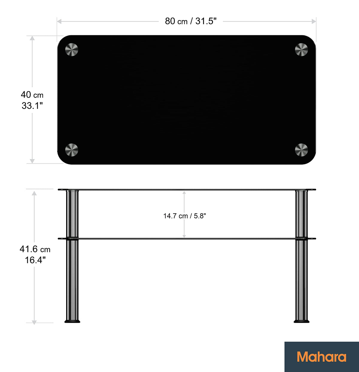 mahara Black Glass Coffee Table - Slimline side table with shelf polished stainless steel legs - Small table W80cm x D40cm x H41.5cm