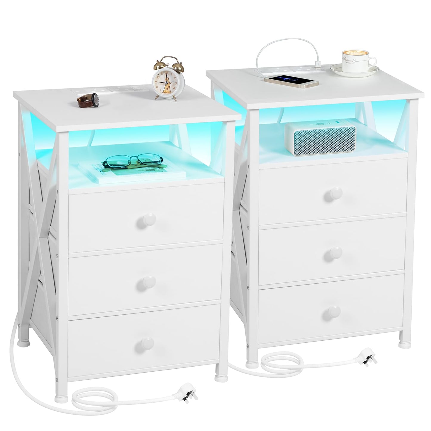 AMHANCIBLE Bedside Table Set of 2 with Charging Station, Side Table with Led Lights, Bedside Cabinet with 3 Fabric Storage Drawers, End Table, Sofa