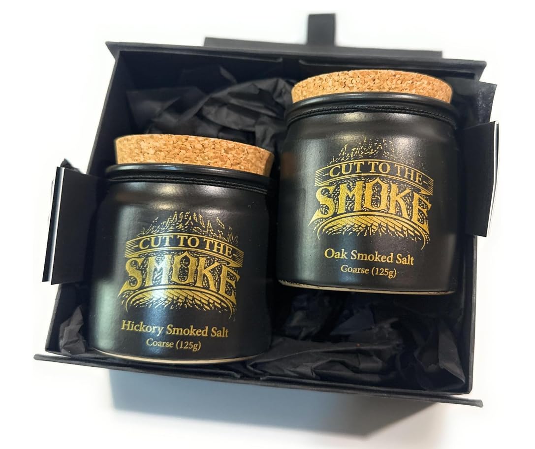 Smoked Salt Duo Gift Set | Oak and Hickory Flavours | Refillable Ceramic Jars | Premium Finishing Salts | 2 x 125g (125, Oak Smoked & Hickory Smoked)