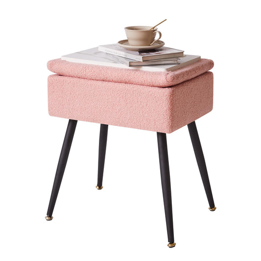 Aibiju Dressing Table Chair with Storage, Faux Teddy Fur Rectangular Bedroom Ottoman Stool with Metal Legs, Makeup Vanity Stool Side Table for Makeup