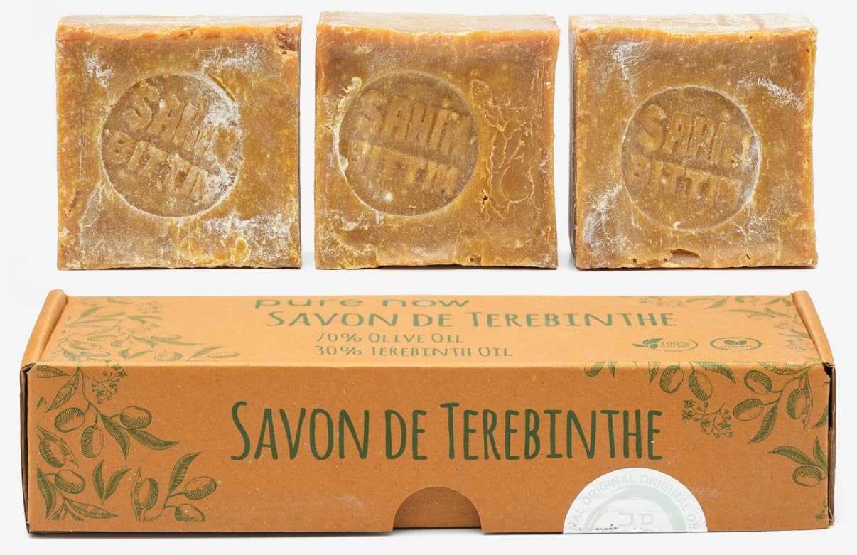 Pure Now Natural Bittim Soap Pack of 3. 70% Olive Oil, 30% Terebinth Oil, Handmade Savon de T?r?binthe with Anti-Dandruff Effect, With Moisturising