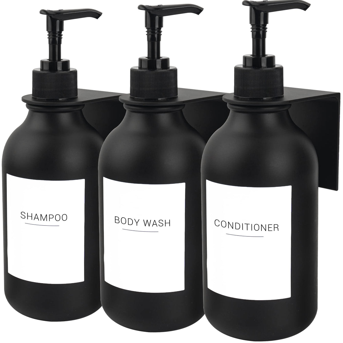 Ezebesta Pack of 3 Black 500ml Soap Lotion Pump Dispensers with 22 Labels and 3 Wall-Mounted Rack Bathroom Organization