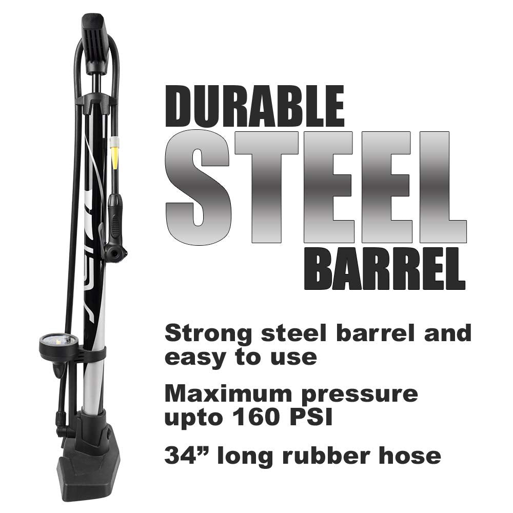 BV Bicycle Pump Durable Steel Bike Floor Pump 17/24 inch Smart Valve Head, 160 psi, Automatically Reversible Presta and Schrader (Black- Full Size)