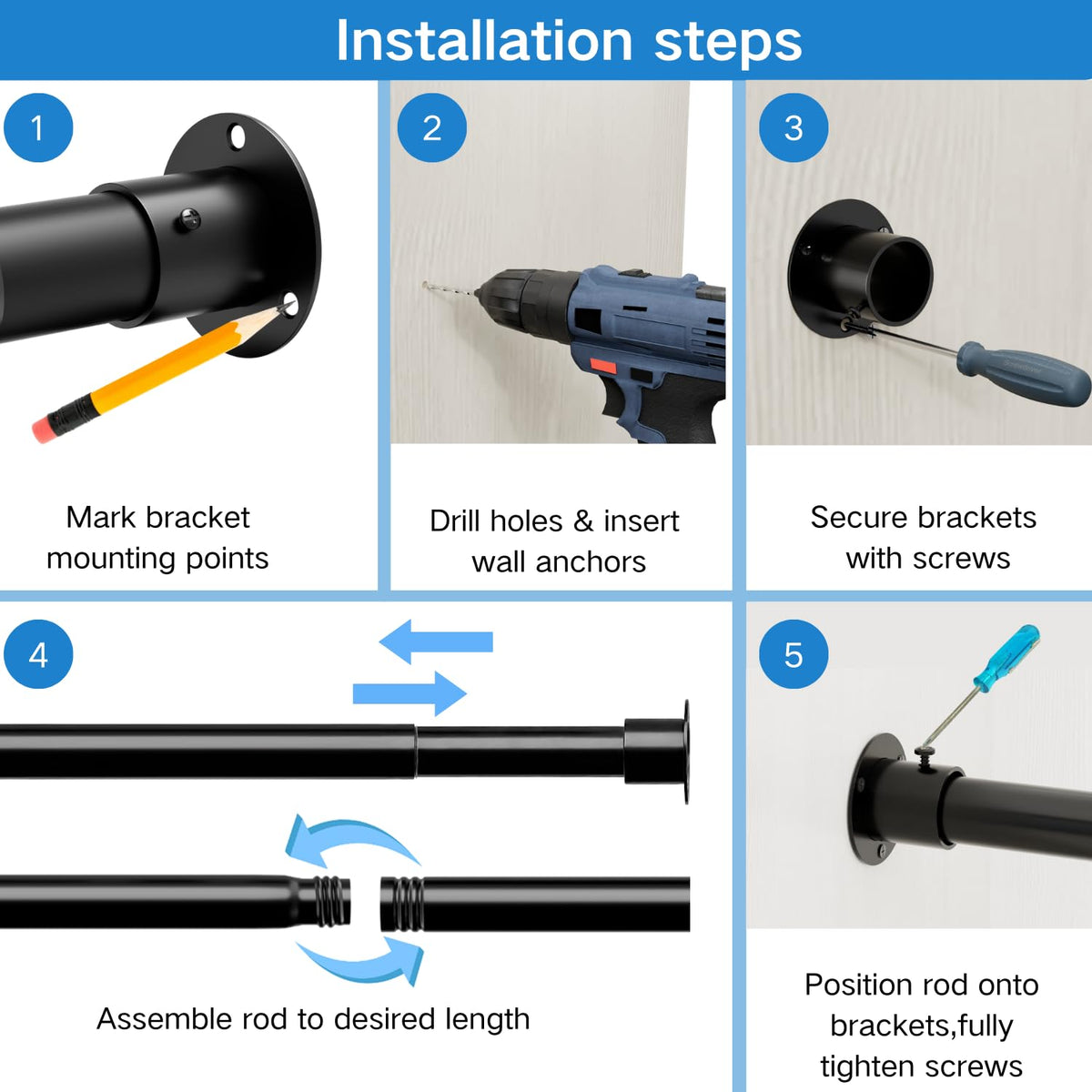 Wardrobe Rail, Extendable Clothes Rail, Wardrobe Pole and Fittings, Heavy Duty Clothes Pole for Wardrobe and Cloakroom, Black, 85-235cm(Diameter 32mm)