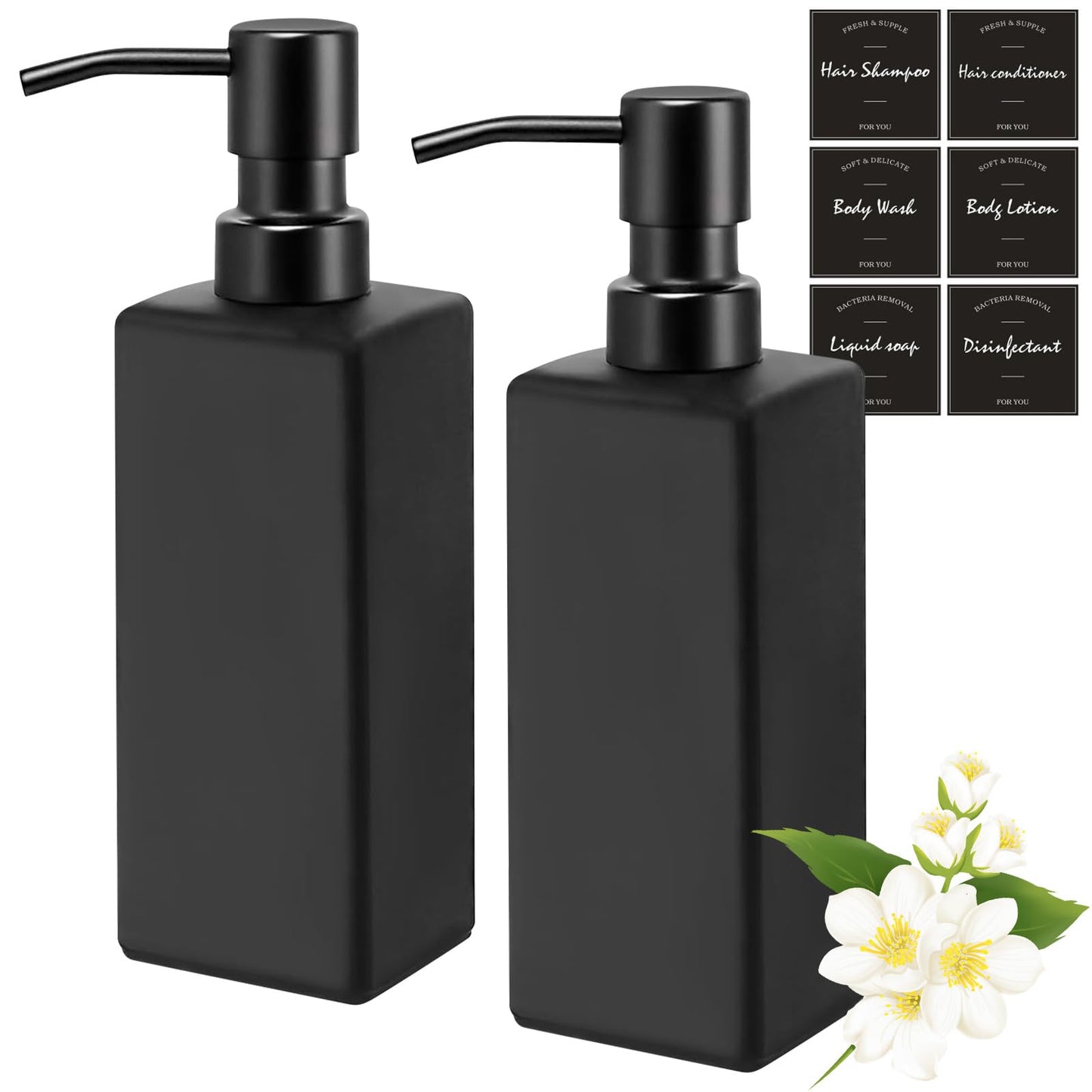 Black Soap Dispensers - 2Pcs 350ml Glass Shampoo & Conditioner Dispenser Square Hand Soap Dispenser with Stainless Steel Pump & Stickers Refillable