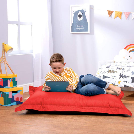 Bean Bag Bazaar Kids Bean Bag, Red, Indoor Outdoor Water-Resistant Fabric, Beanbag with Filling Included, 120cm x 100cm, Outdoor Floor Cushion, Kids