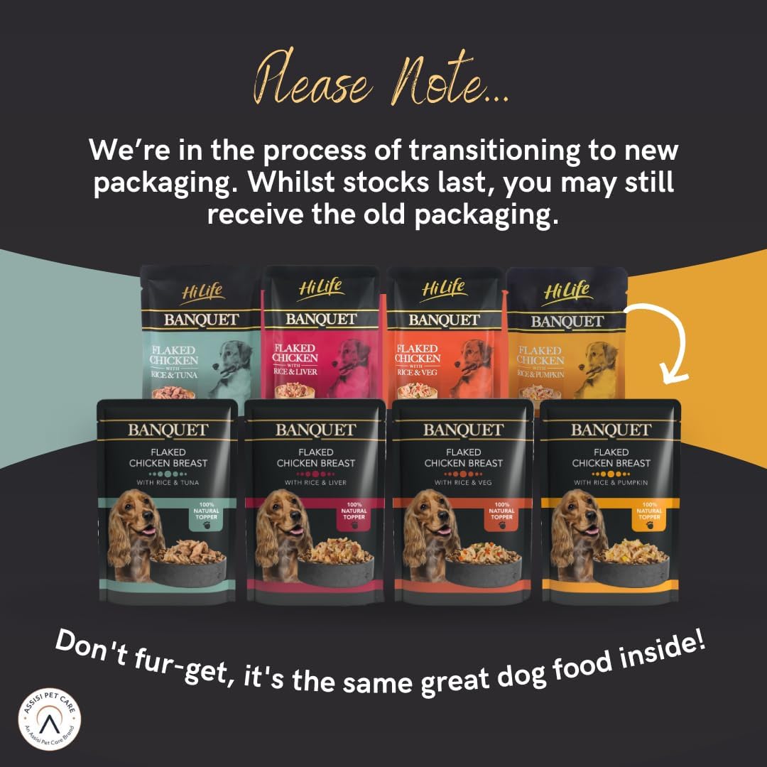 Banquet Adult Wet Dog Food, Flaked Chicken Breast with Rice & Liver/Flaked Chicken Breast with Rice & Veg, 100% Natural Ingredients, 30 Pouches x 100 g