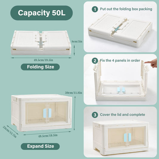 BTGGG 3 Pack Stackable Storage Boxes Large 50L*3 Foldable Collapsible Clear Storage Boxes Organizer 50 * 36 * 90cm, Front Door Opening for Easy
