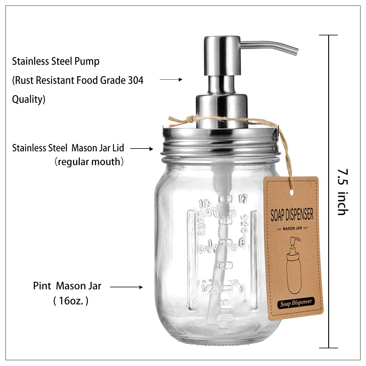 Mason Jar Soap Dispensers - Rustproof Stainless Steel Lid & Pump, Refillable Hand Wash for Bathroom/Kitchen, Ideal for Dish/Liquid Soap, Lotions
