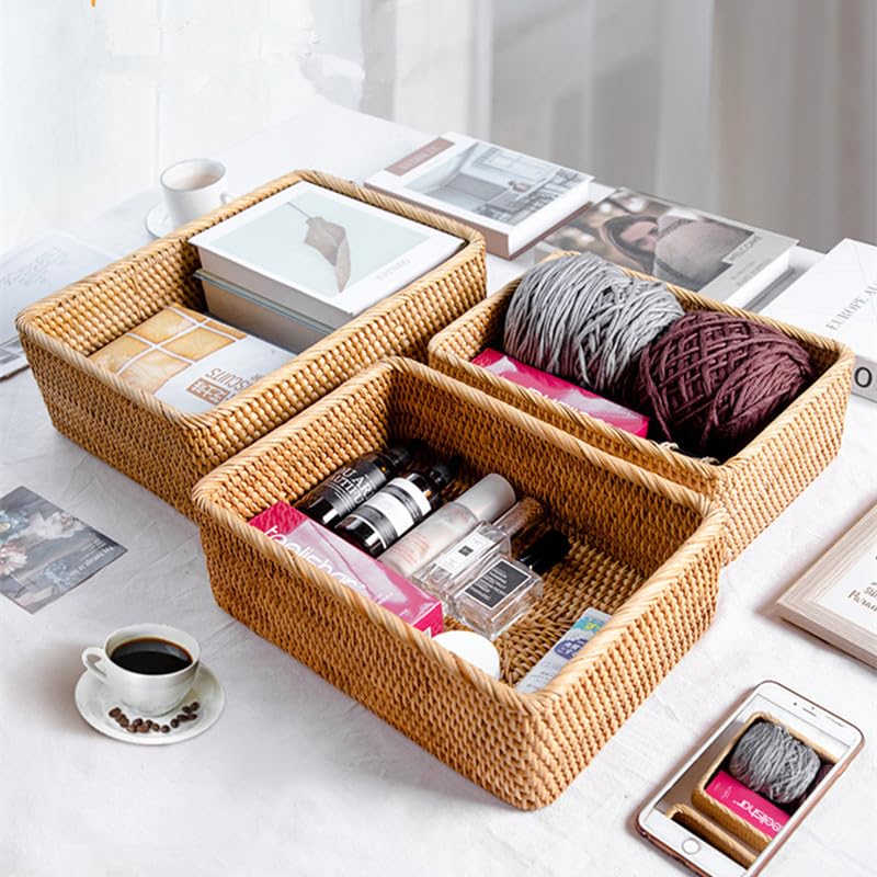 Rattan Storage Baskets, Wicker Baskets for Organizing, Hand Woven Decorative Box for Kitchen Counter, Living Room, Bathroom, Set of 3 (Rectangular)