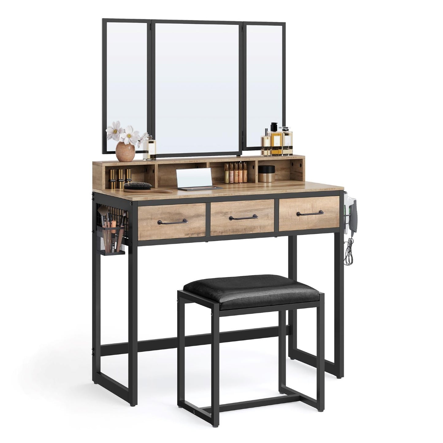 VASAGLE Dressing Table with Mirror and Stool, Vanity Table with Tri-Fold Mirror, 3 Drawers, Hair Dryer Holder, Makeup Desk, Industrial Style, Camel