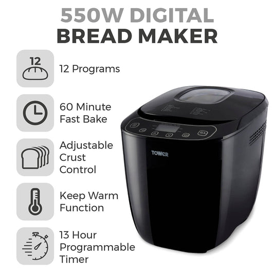 Tower T11003 2 lb Digital Bread Maker with 12 Automatic Programs, 13 Hours Delay Timer, 60 Minutes Keep Warm Function, Adjustable Crust Control,