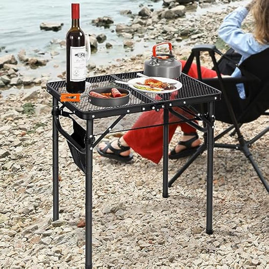 REDCAMP 2ft Folding Camping Table for Outside, Lightweight Aluminum Portable Folding Table for Cooking BBQ,Metal Grill BBQ Table Easy to Assemble with Adjustable Heights Legs,Black 60cm x 40cm