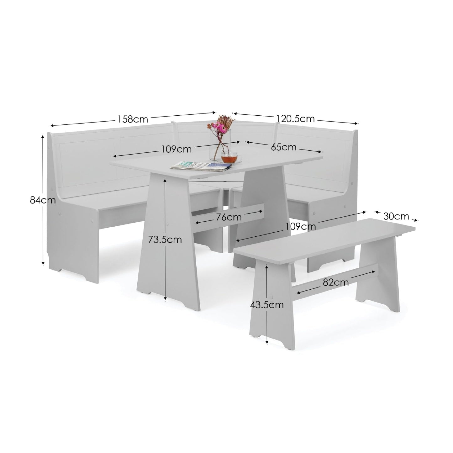 Julian Bowen Newport Corner Dining Set with Bench, Grey - H85.5 x W158cm