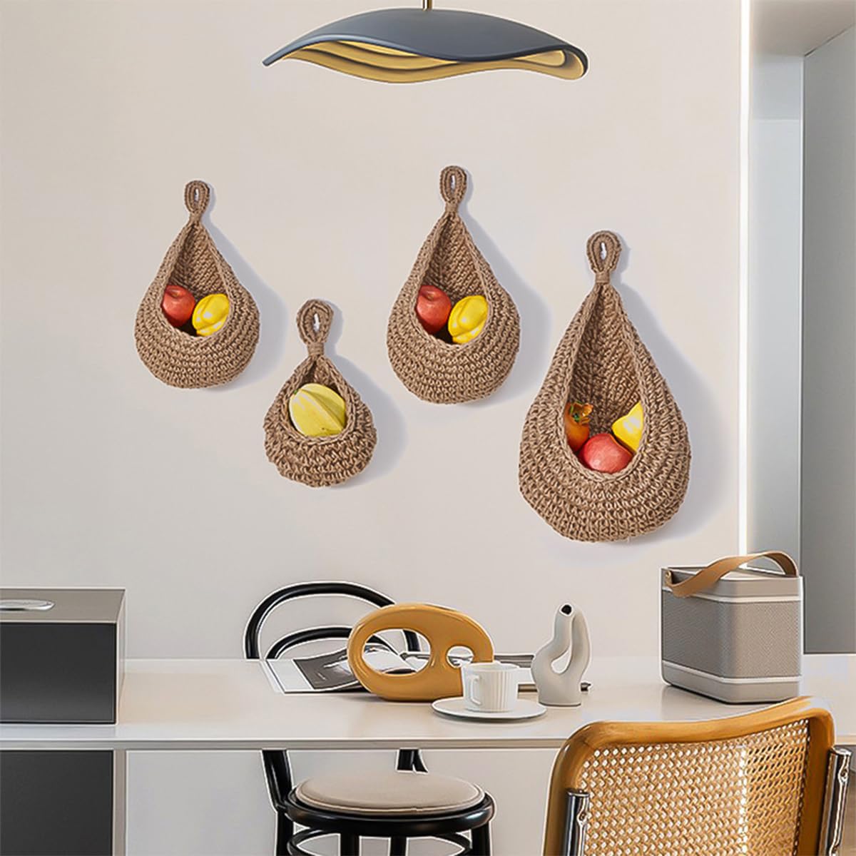 ANCLLO 3PCS Three sizes Hanging Wall Basket Teardrop Hanging Baskets Hand Woven Wall Mounted Teardrop Hanging Wall Decor Baskets for Kitchen Storage