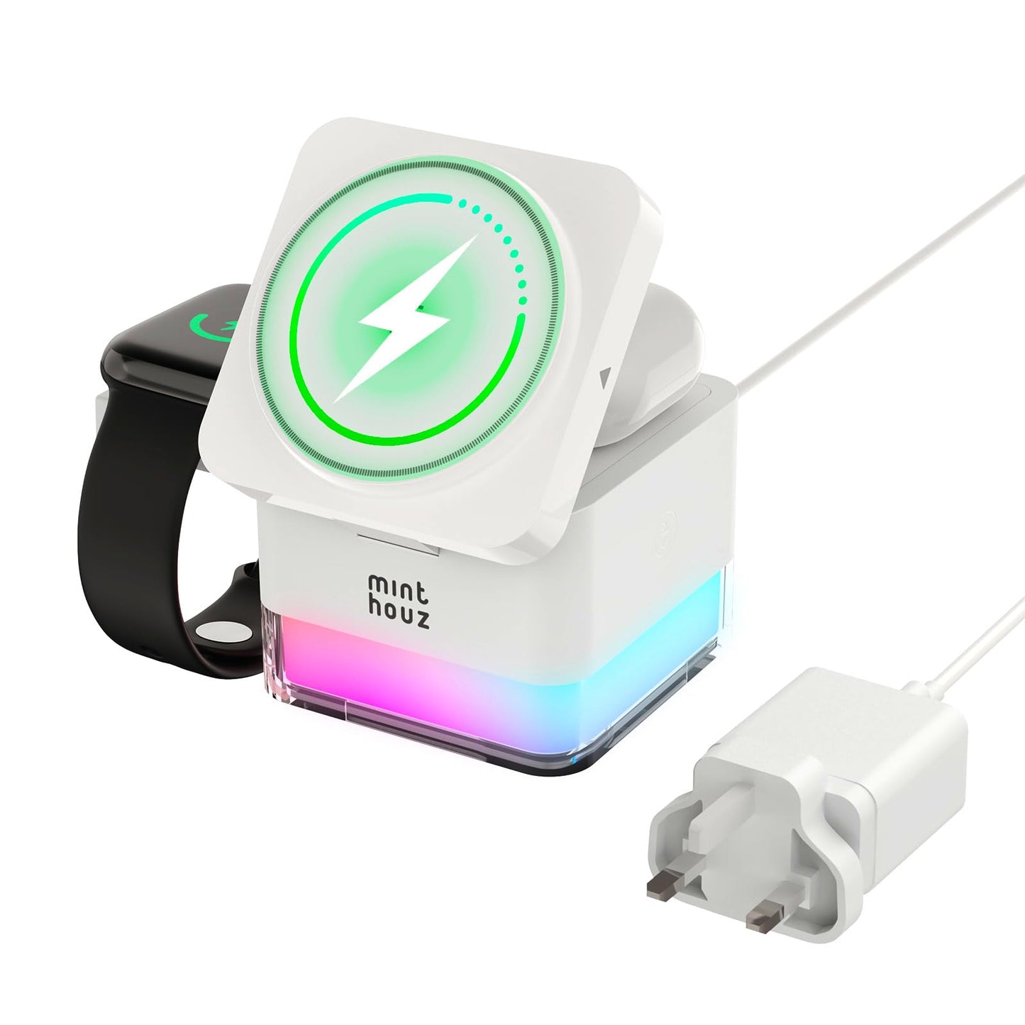 Minthouz 3 in 1 Charging Station for iPhone,15W Phone and Watch Charger Stand with Night Lamp,Travel Foldable Magnetic Cube Magsafe Wireless Charger