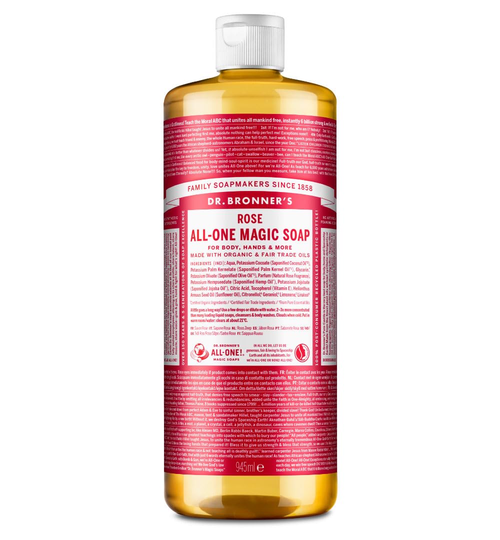 Dr Bronner's 18-in-1 Rose Pure Castole Liquid Soap, Made with Organic Oils, Used for Face, Body, Hair, Laundry, Pets and Dishes, Certified Fair Trade