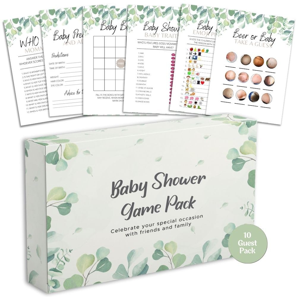 Baby Shower Games - 6 Game Bundle - Eucalyptus, Jungle, Safari, Baby Boy, Baby Girl - 10 Guests Pack Eucalyptus