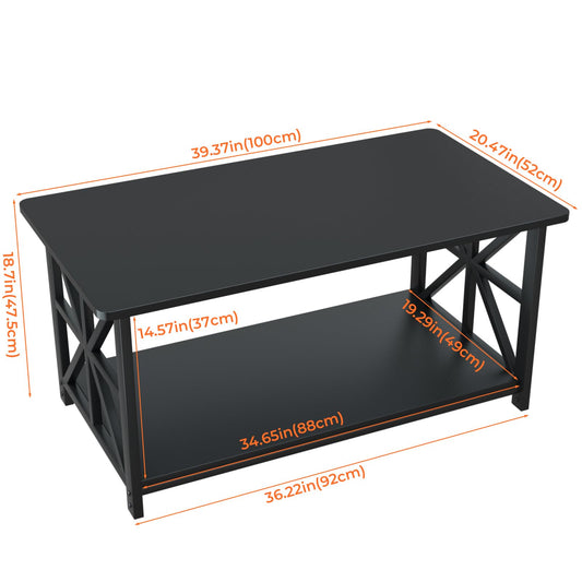 GreenForest Coffee Table with 2-Tier Storage,100 cm Living Room Table with Round Corner, Center Table with X-Frame Design for Home Office,Black