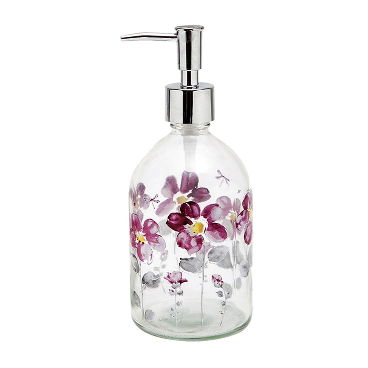 DUSVALLY Glass Soap Dispenser Bottle for Bathroom,Kitchen with Pump, Purple Flower