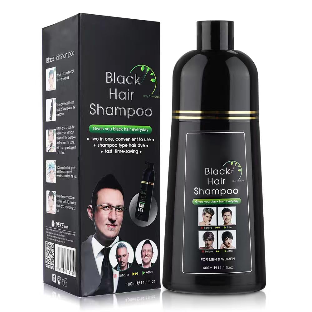 YUOLITA 400ml Black Hair Shampoo for Natural Hair, Instant Blackening Dye Hair Dye Shampoo Black Color for Men Women, Mild Plant Formula Lasts 30 Days
