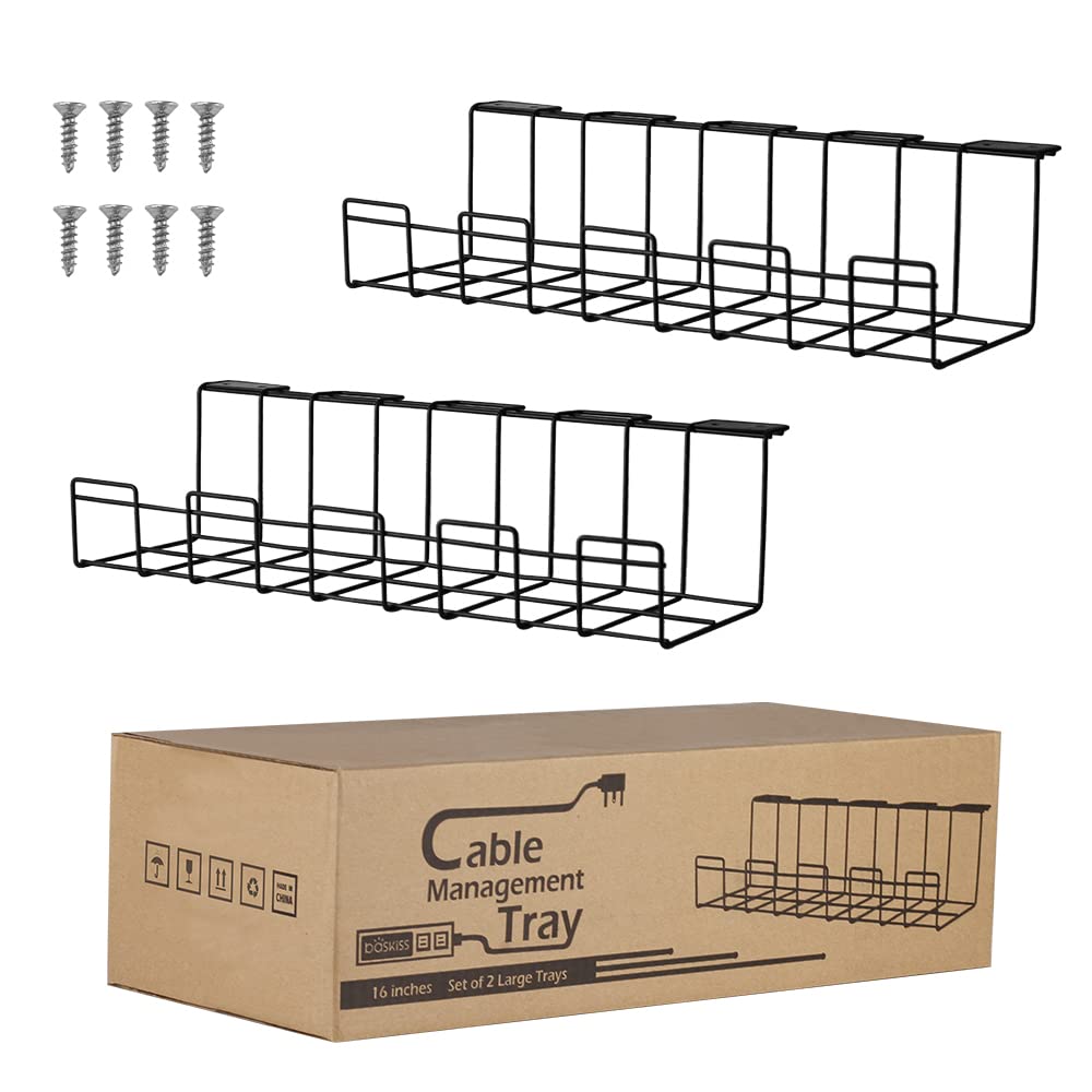 2 Packs Cable Management Tray, 40cm Under Desk Cord Organizer for Wire Management, Metal Wire Cable Holder for Desks, Offices, and Kitchens (Black)