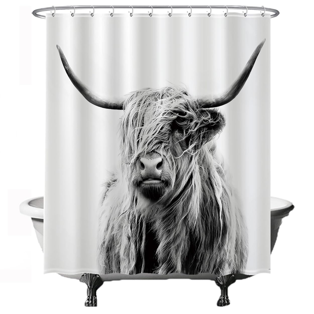 Ulticool Scottish Highlander Shower Curtain Black White 180 x 200 cm Anti Mould Washable Waterproof with 12 Rings