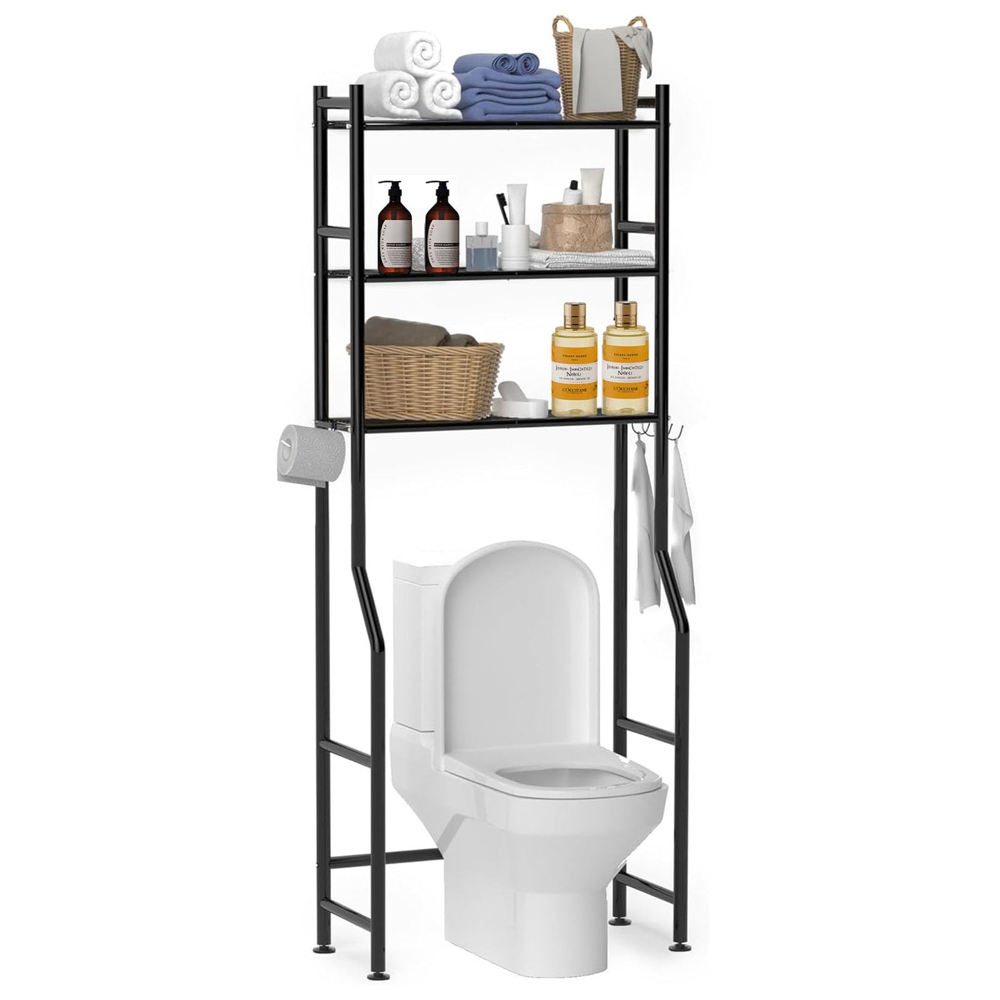 3-Tier Over Toilet Storage Unit with Removable Hooks, Carbon Steel Bathroom Shelves, Toilet Cabinet, 3 Shelves, Towel Rail, Freestanding Toilet Space