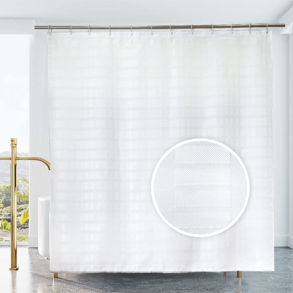 YISURE White Jacquard Shower Curtain 180Drop for Bathroom Tub, Waterproof Fabric Shower Curtain with Plastic Hooks 71"x71"/180x180cm