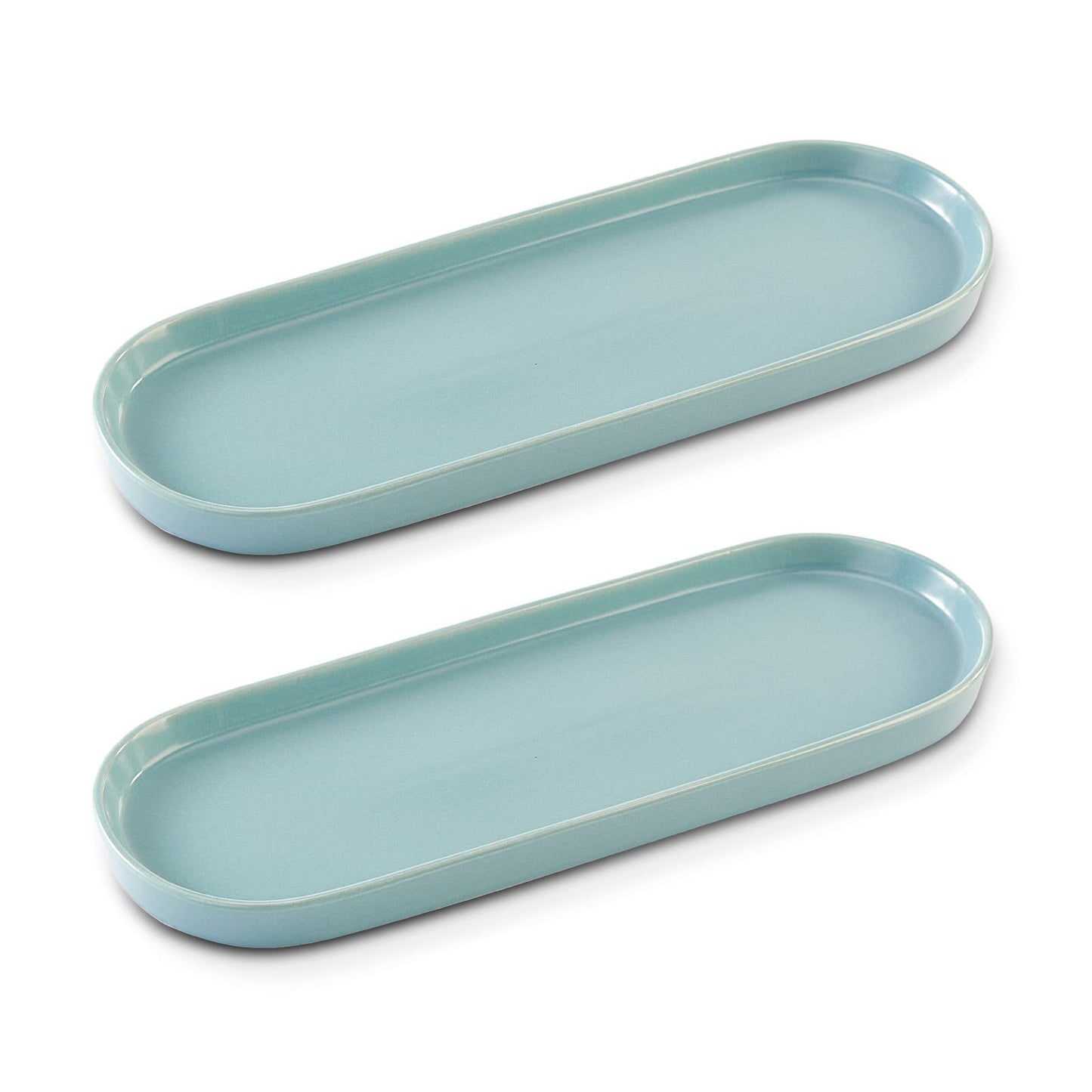 Ceramic Bathroom Counter Sink Tray for Cosmetics, Perfume, Shampoo and Liquid Soap - Simple Style Design for Bathroom and Kitchen - 2pcs Blue