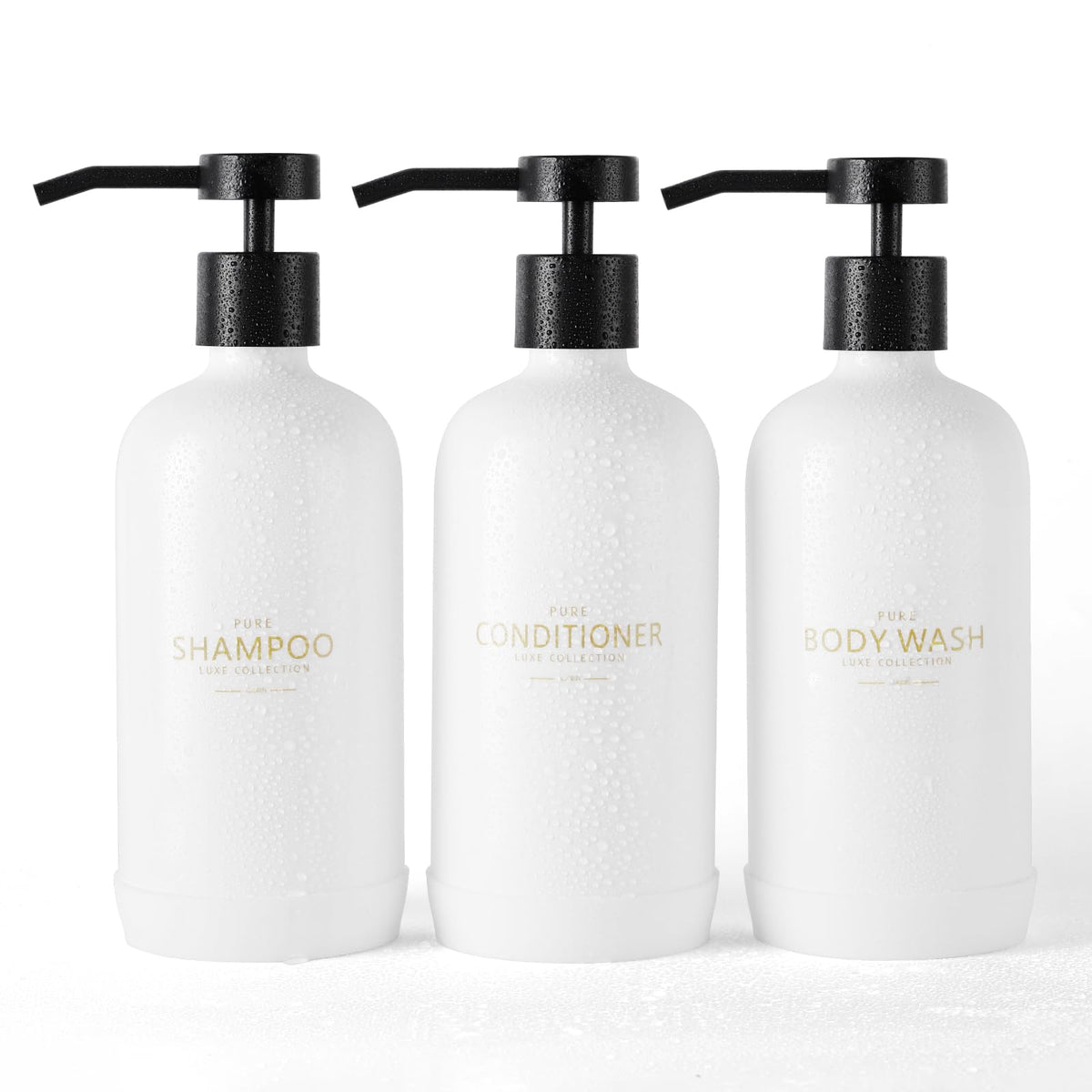 Janxin Shampoo and Conditioner Dispenser Refillable 621ML with Silicone Anti-Slip Protective Pad with Waterproof Labels for Bathroom, 3 Pack (White)