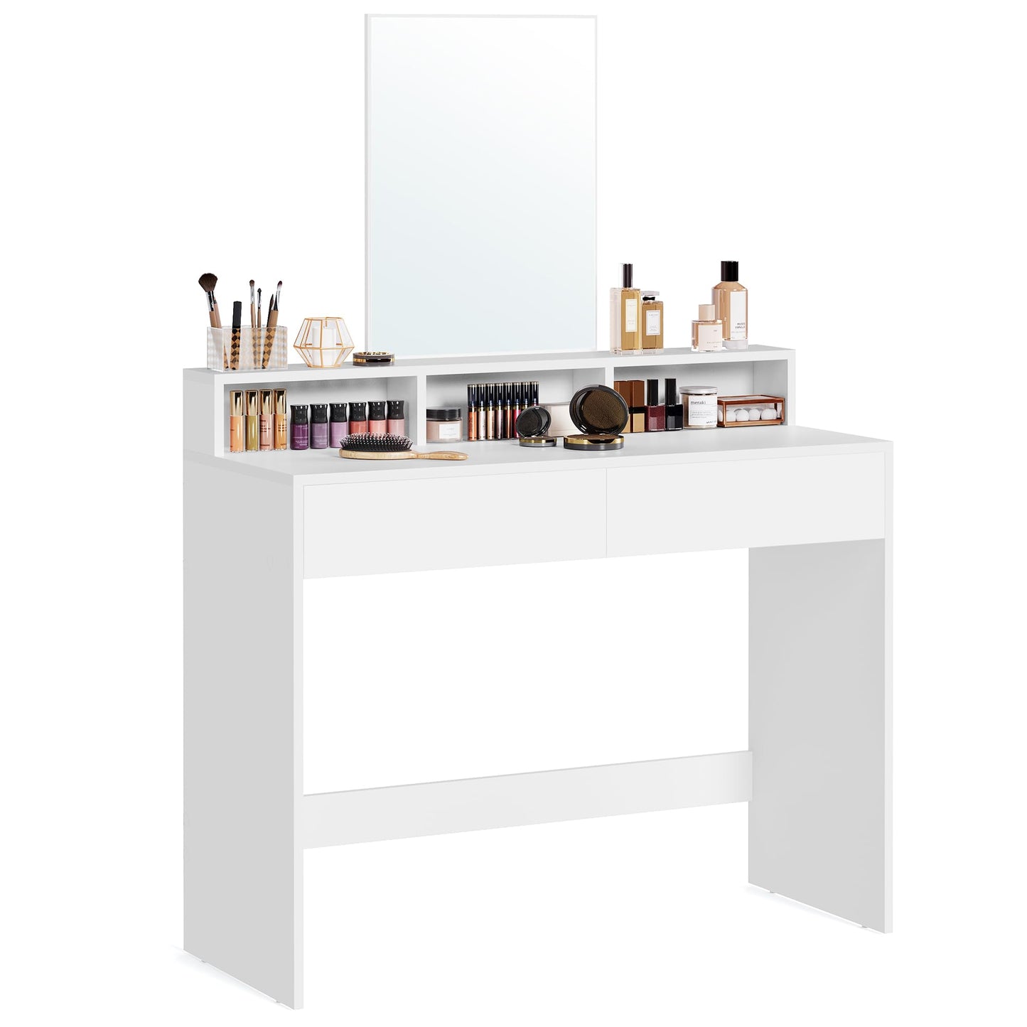VASAGLE Modern White Makeup Vanity, Dressing Table with Large Mirror, 2 Drawers & 3 Compartments, 40 x 100 x 140 cm