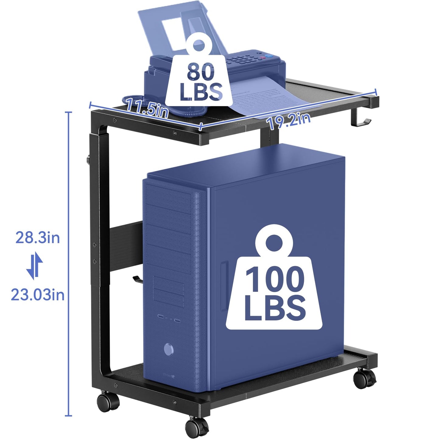 Computer Tower Stand, Adjustable 2-Tier CPU Holder Cart with Wheels
