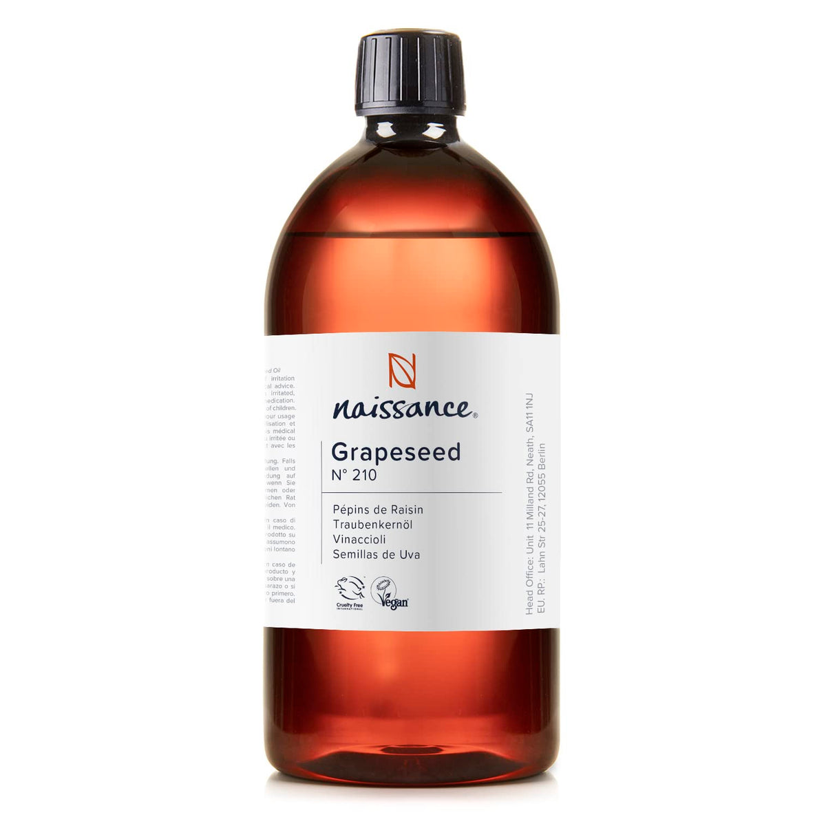 Naissance Grapeseed Oil No. 210 900ml - Natural Moisturiser and Conditioner - Ideal for Hair, Skin, Massage, Face, Beard and Aromatherapy