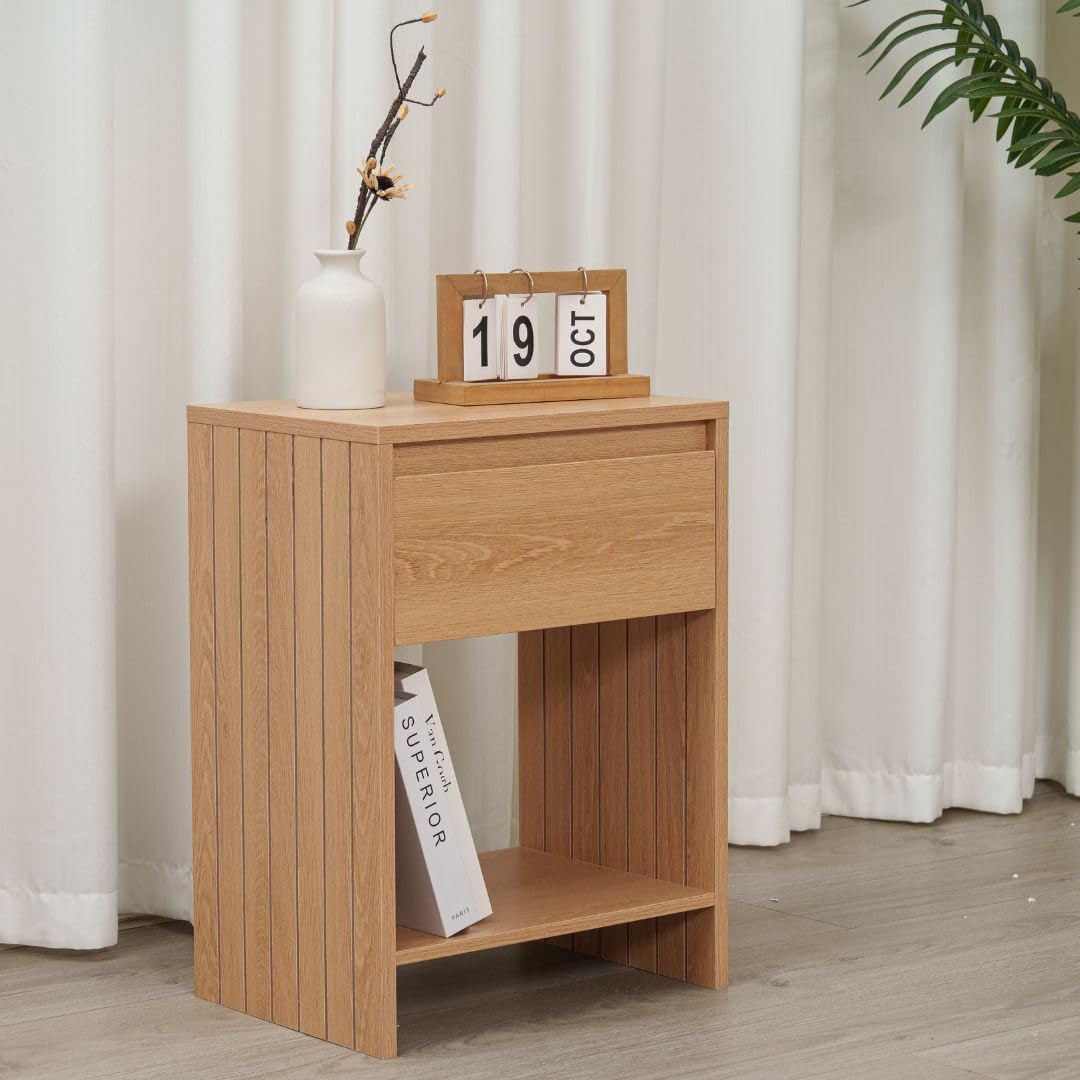 Home Stuff Plus MDF Bedside Table with Drawer and Shelf - Wooden Bedside Cabinet, Bedside Drawers, Bed Side Table for Bedroom, Living Room Nightstand,